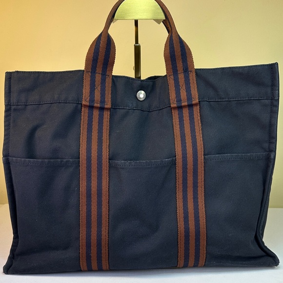 Hermes vintage heavy canvas tote navy and burgundy - Picture 1 of 15